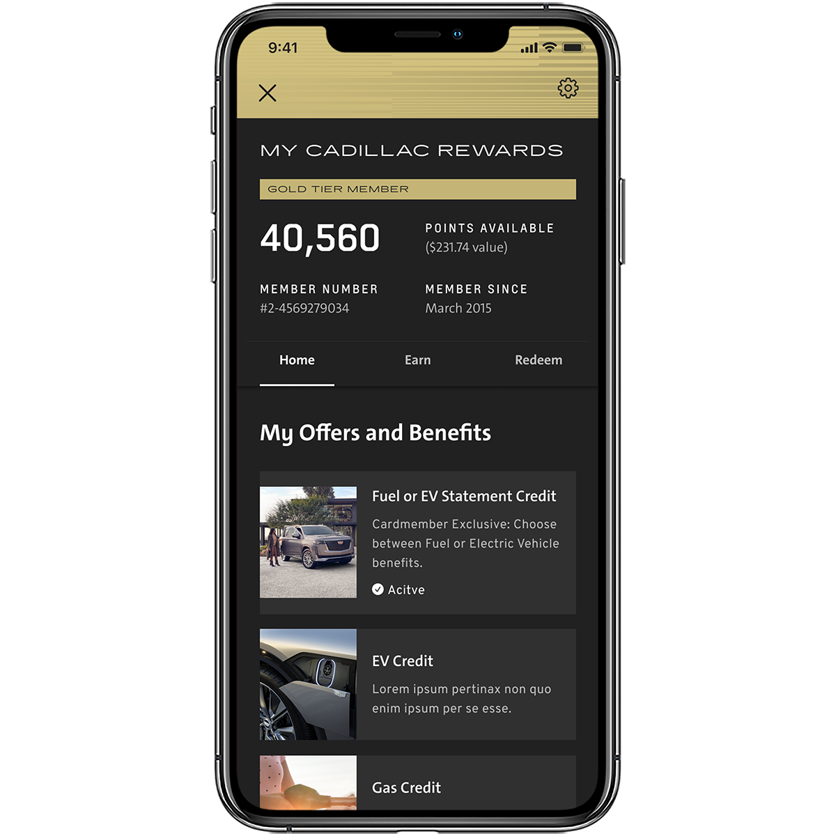 myCadillac Mobile App Rewards Screen Open on a Smartphone