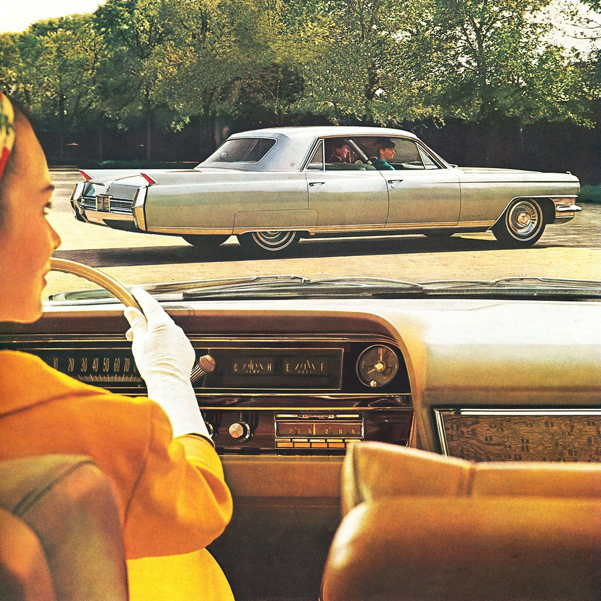 Back Seat View of a Woman Driving Behind a Classic Cadillac