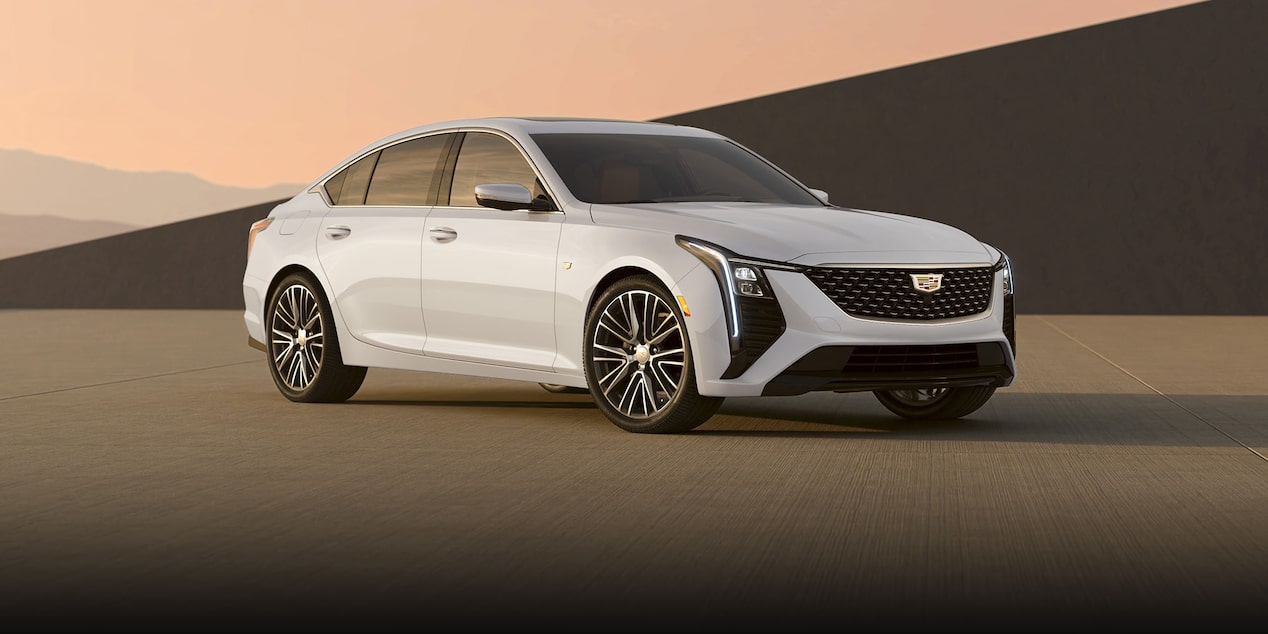 There-quarter View of a White 2025 Cadillac CT5 Parked