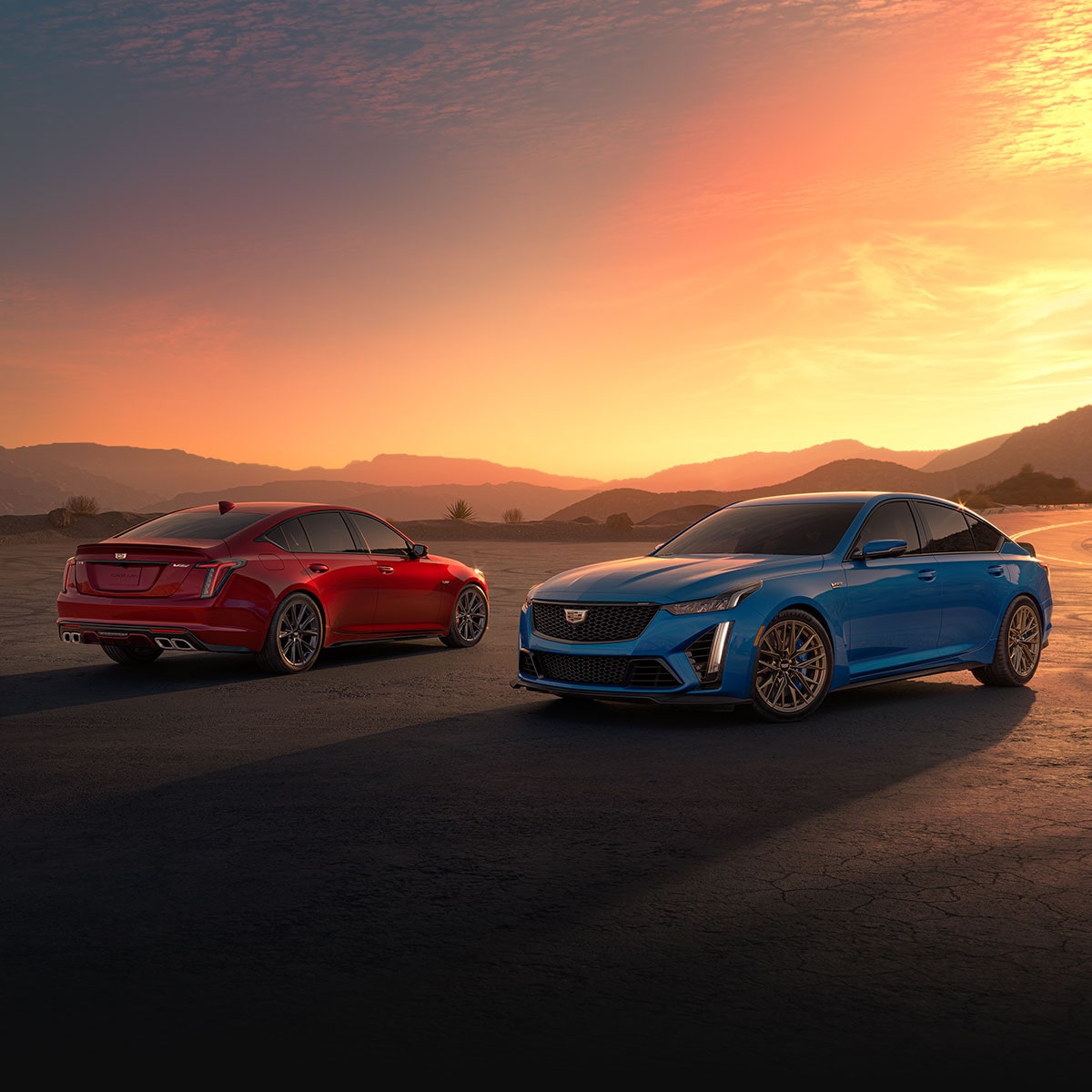 Two 2024 Cadillac CT5-V Sedans Parked in the Desert Under an Evening Sky